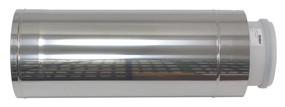 Edelstahlrohr mit einer glatten Oberfläche, Teil eines Abgassystems, geeignet für Anwendungen in der Gebäudehülle, möglicherweise von Vaillant.